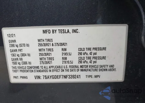 2022 Tesla Model Y Performance Dual Motor All-Wheel Drive z USA, uszkodzony, nr VIN 7SAYGDEF7NF339241